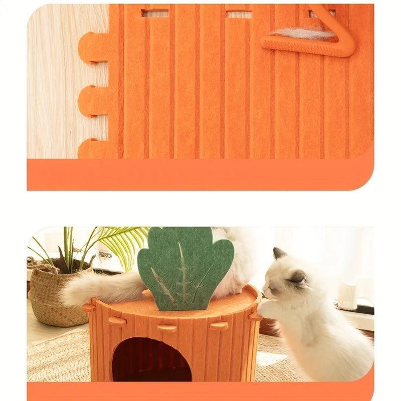 Carrot-shaped grey felt cat nest with a tunnel entrance, shown in two sizes for indoor cats.