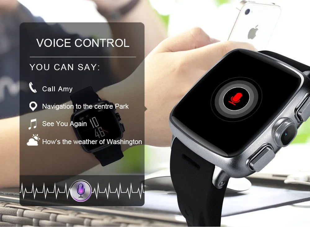 Android smart watch with touchscreen display showing interface, available in black and white colours