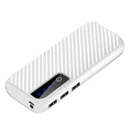 A compact 20000mAh portable power bank in various colours, showing its size and USB ports.