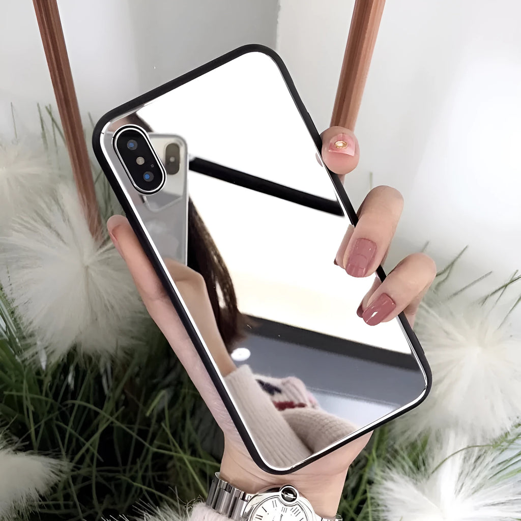 Black iPhone case with a square glass mirror on the back, compatible with iPhone X, 7 Plus, and 8 Plus.
