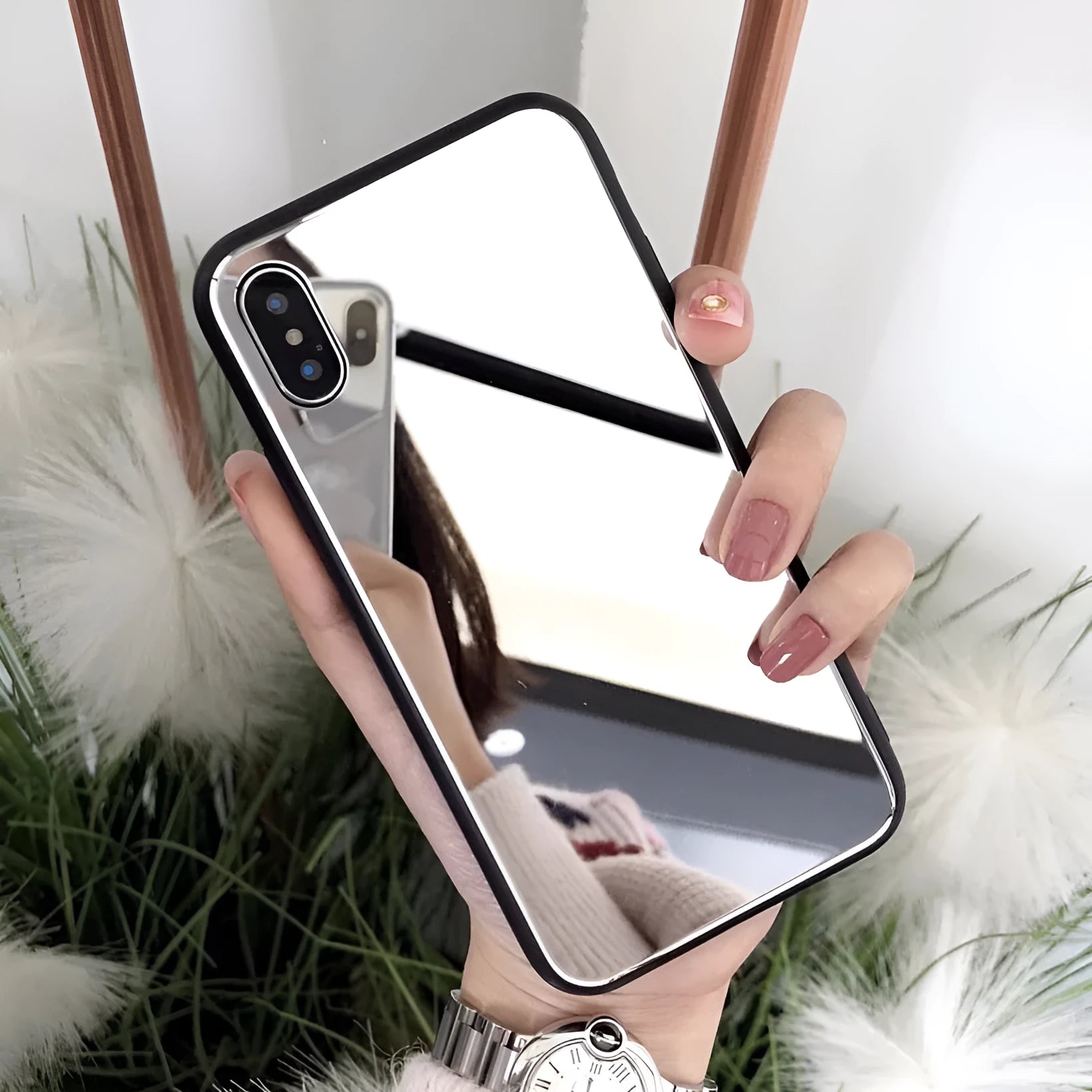 Black iPhone case with a square glass mirror on the back, compatible with iPhone X, 7 Plus, and 8 Plus.