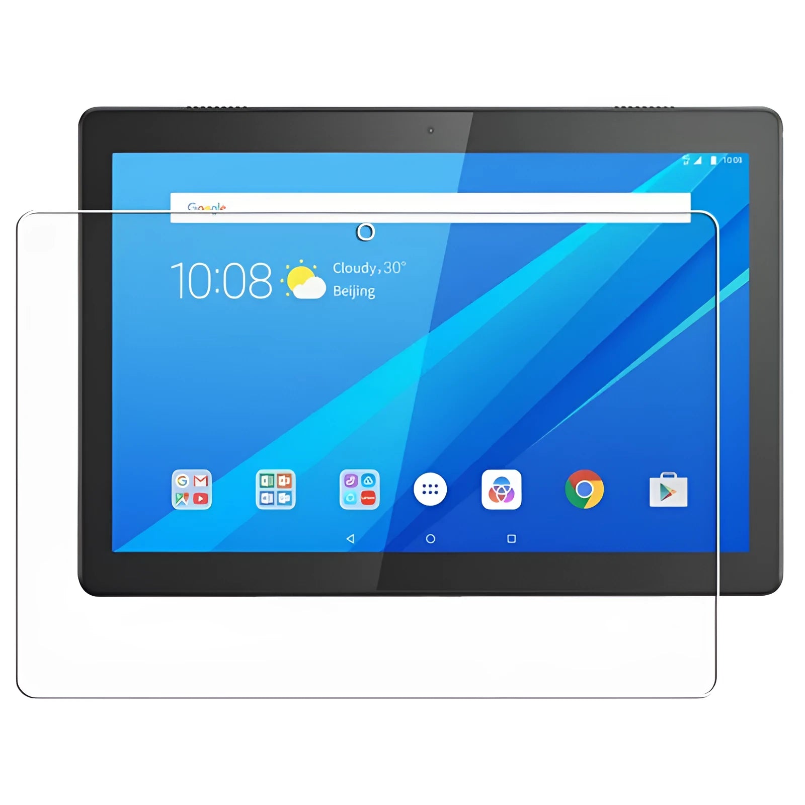 White Lenovo Tab E10 PET film screen protector on a tablet showing scratch protection
