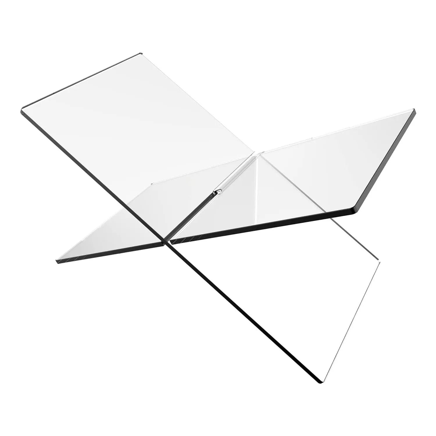 Clear acrylic X-shaped book reading rack holding an open book on a desk.
