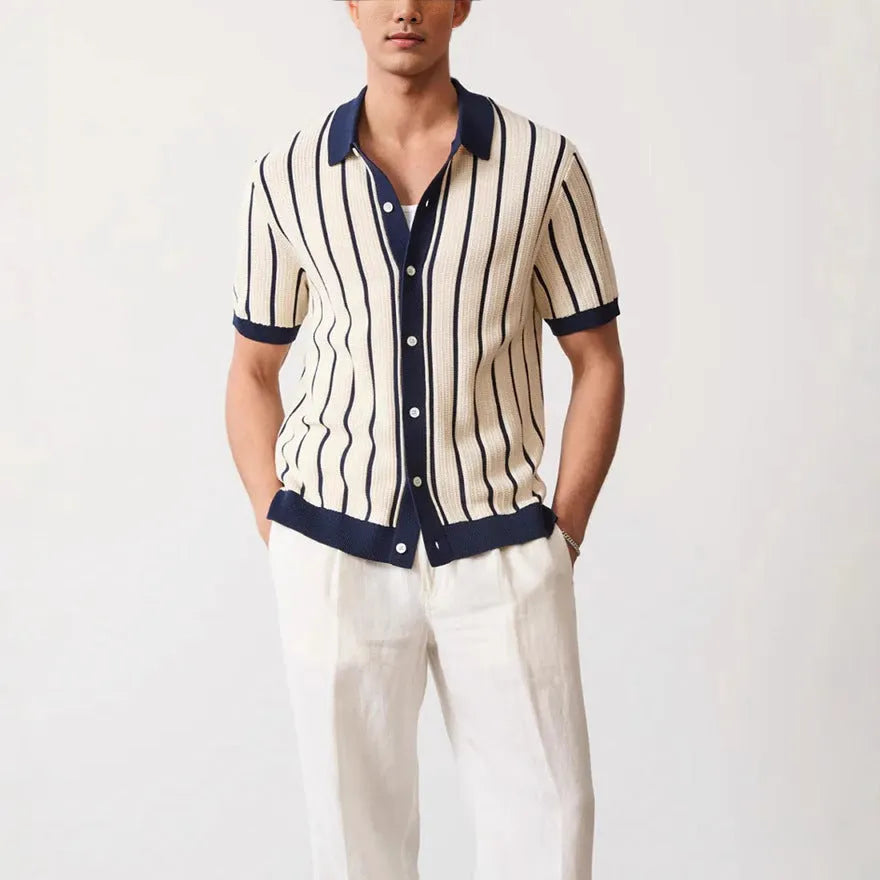 White men's short sleeve knitted shirt with lapel collar and asymmetric design