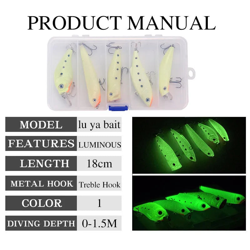 Five 3D fluorescent hard bait fishing lures with luminous finish for bass and perch fishing
