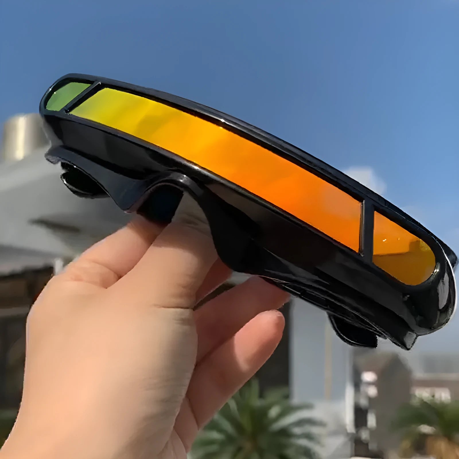 Black polarised sports sunglasses with full rim PC frames showing mercury lens colour options