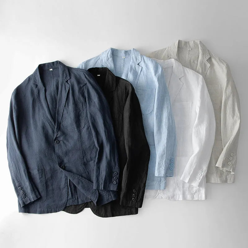 Men's casual linen suit jacket in solid colour with long sleeves and loose fit on a plain background