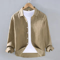 Pure linen men's cardigan shirt in solid colour, long sleeves, lightweight fabric, available in nine colours