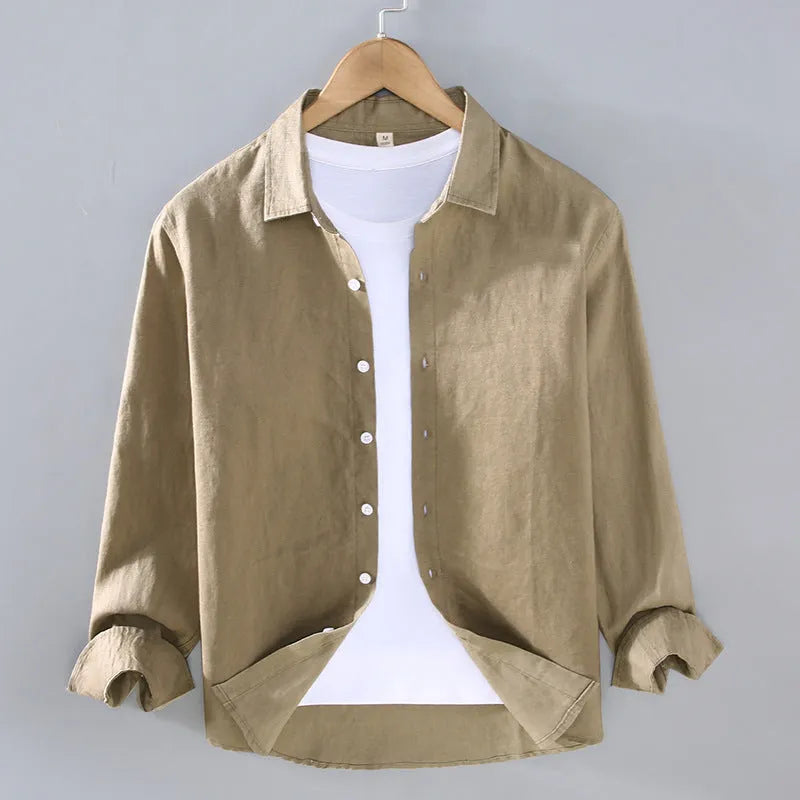 Pure linen men's cardigan shirt in solid colour, long sleeves, lightweight fabric, available in nine colours