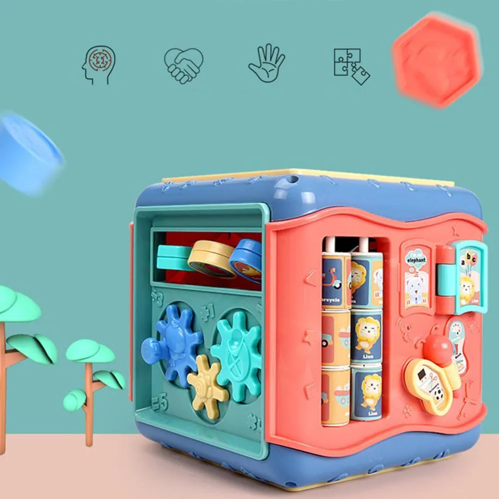 Colourful six-sided Montessori educational activity cube for babies with bead maze and gears