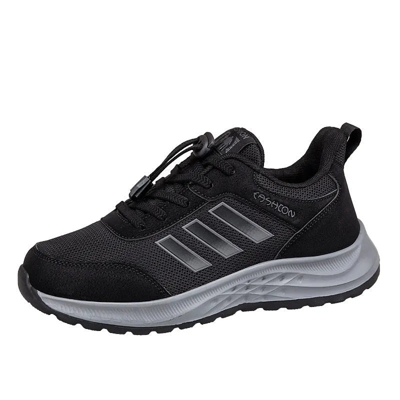 Adult unisex breathable mesh slip-on shoes in black, purple, and dark grey with an elastic band.
