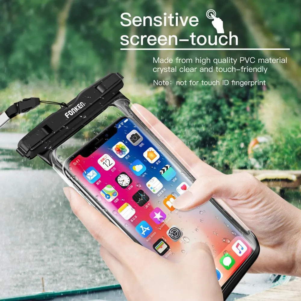 Transparent mobile phone waterproof diving bag with double ring seal, in black, holding a smartphone