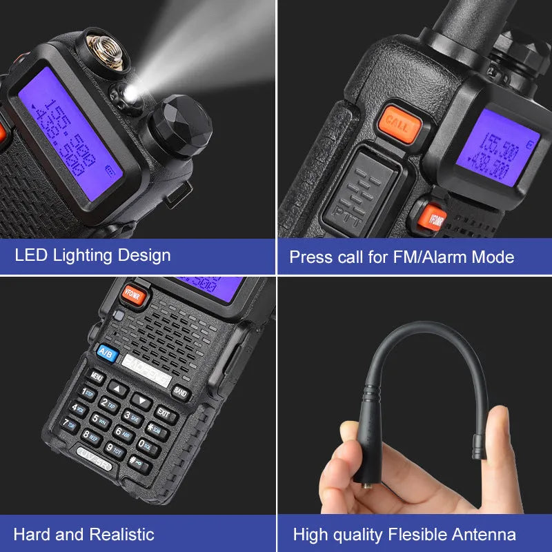 Compact black VHF/UHF walkie talkie with 128 channels and 5-10 km range