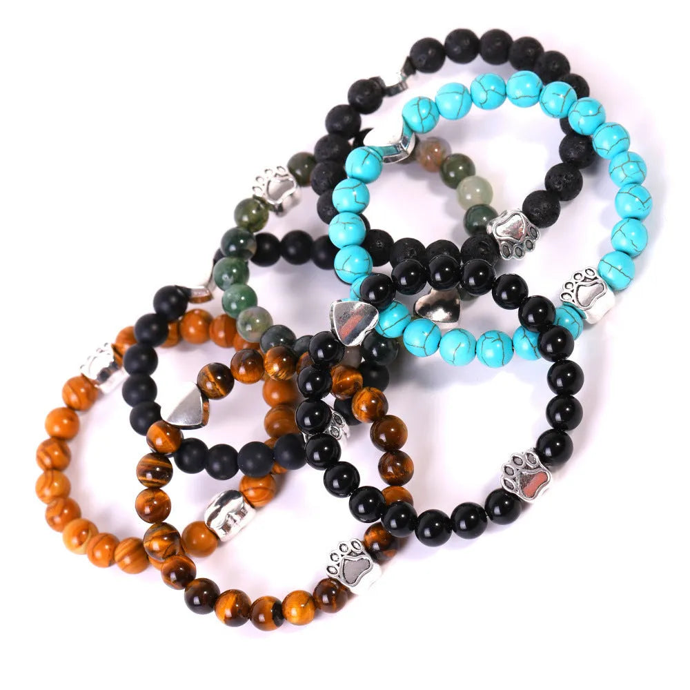 Stone bracelet with dog's paw design featuring Indian agate and tigereye beads in geometric arrangement