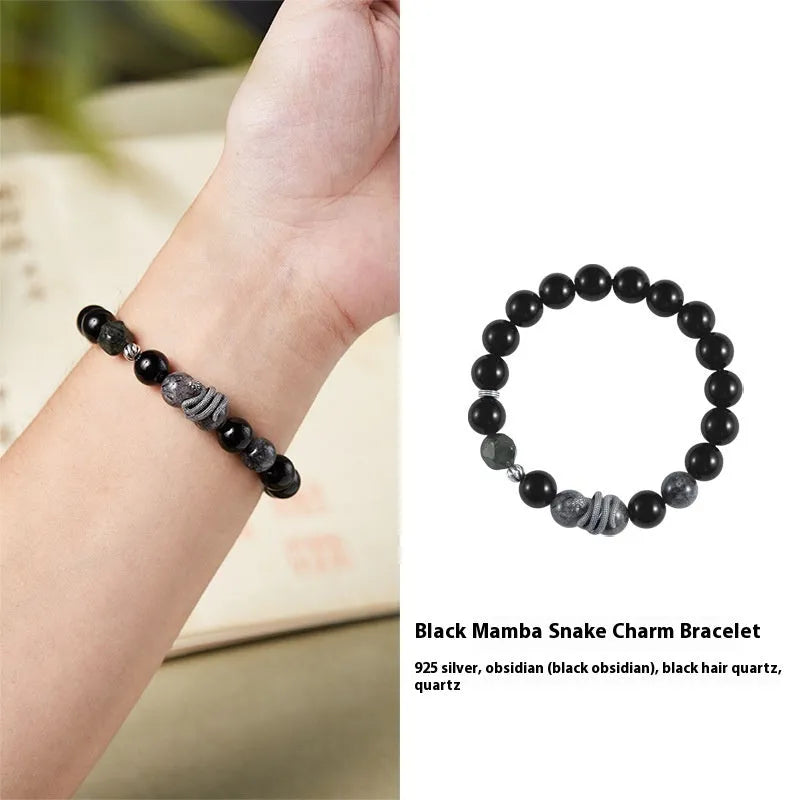 S925 Sterling Silver snake year bracelet with obsidian black hair crystal and retro design