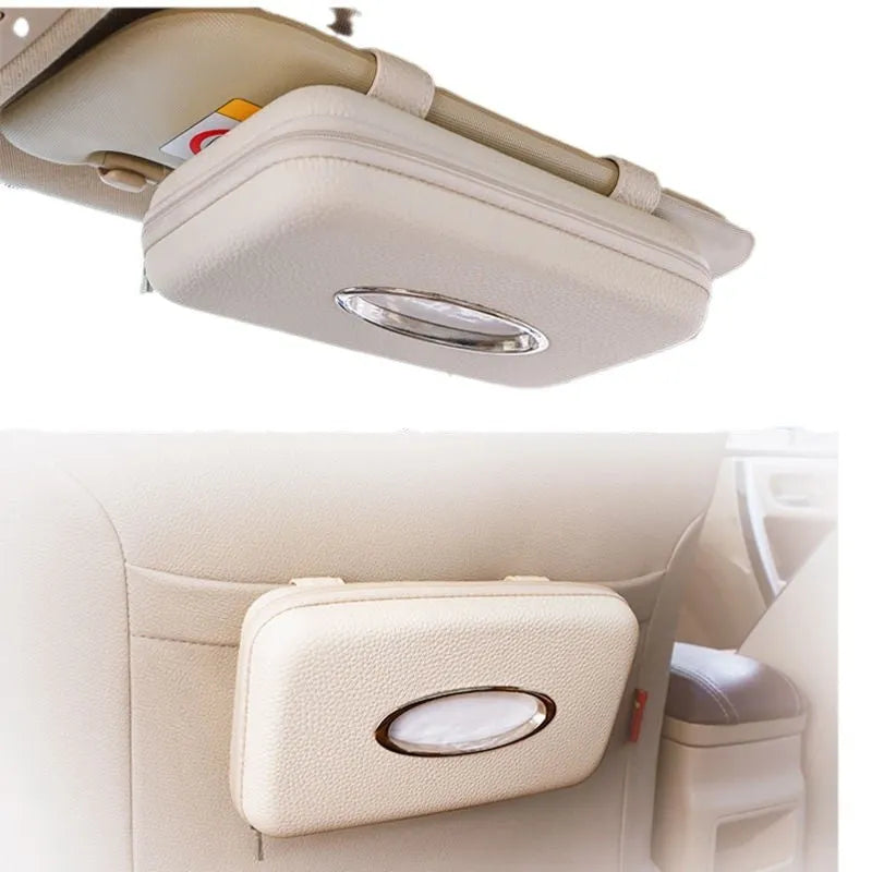 PU leather hanging car tissue box in beige diamond colour, designed for vehicle interior storage