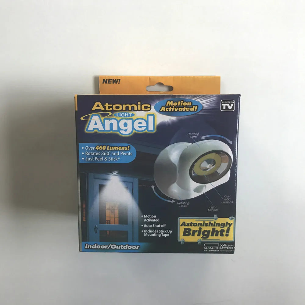 White Atomic Angel induction night light on flat surface with dimensions shown