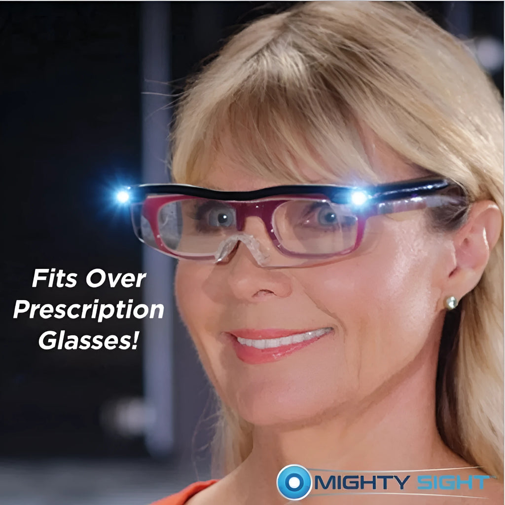 Transparent black USB LED reading glasses with built-in light on frame.