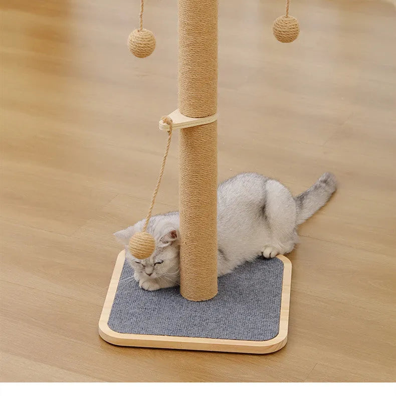 Windmill-style cat climbing frame toy with a hanging ball, made from pine wood and carpet leather.
