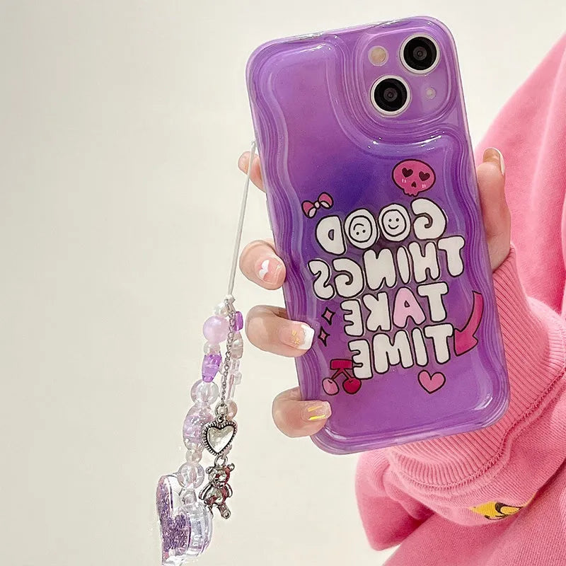 Purple graffiti English love chain phone case for iPhone 14 with love pendant on white background