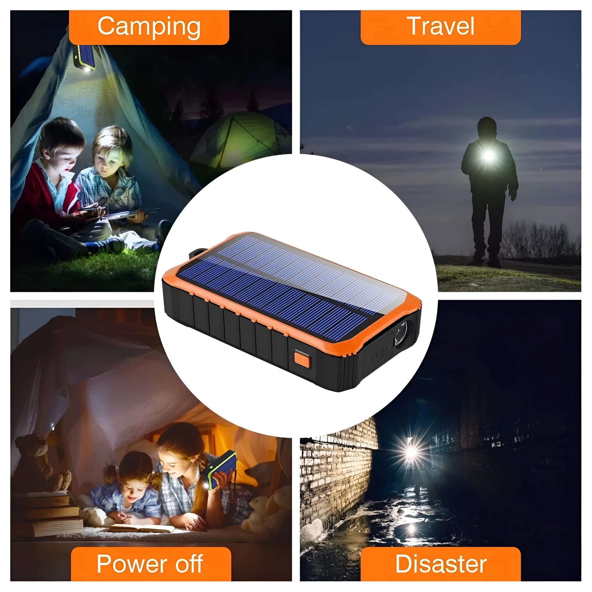 Hand solar mobile power bank 12000mAh orange green dual USB LED lamp