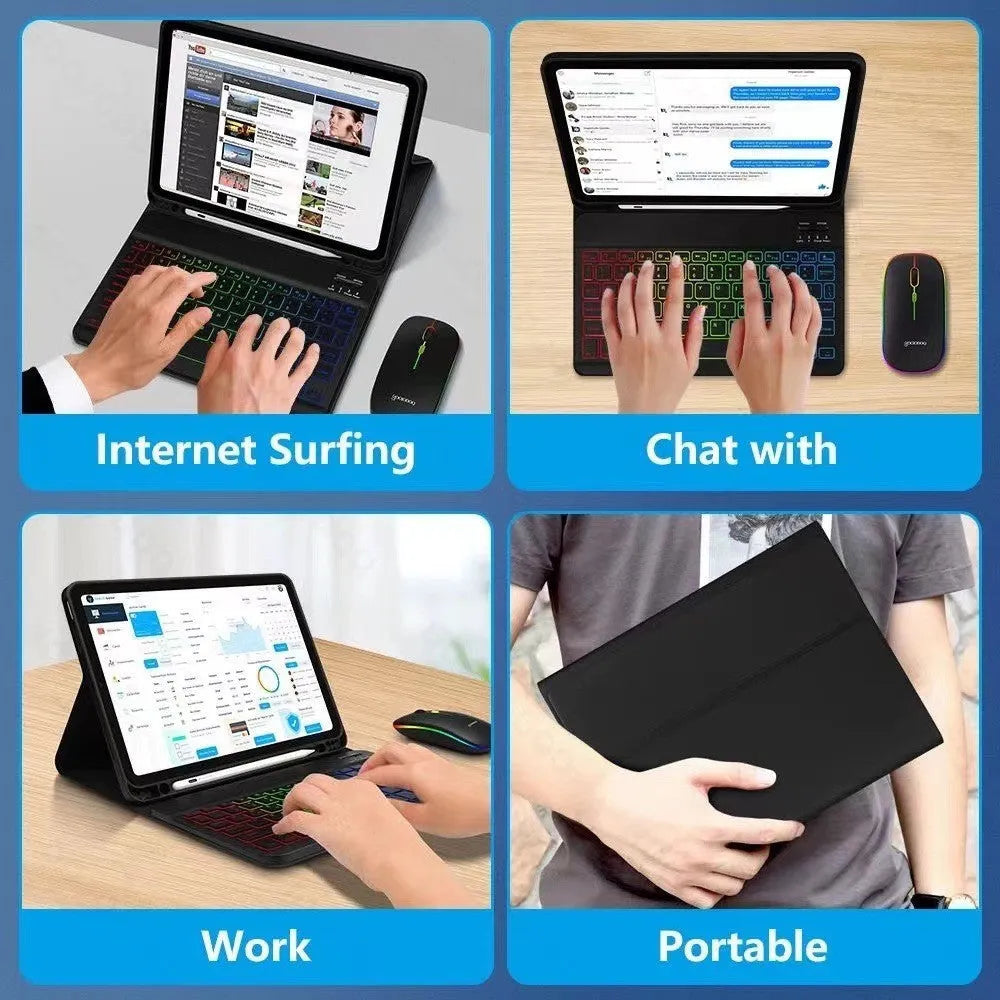 iPad protective case with luminous Bluetooth keyboard and leather sheath, black variant, rear view showing TPU shell and bracket
