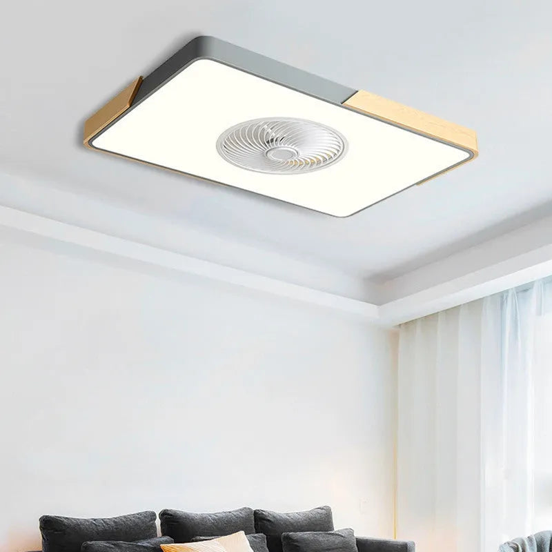 Nordic style ceiling fan with integrated light in a solid wood rectangular, round, or square frame.