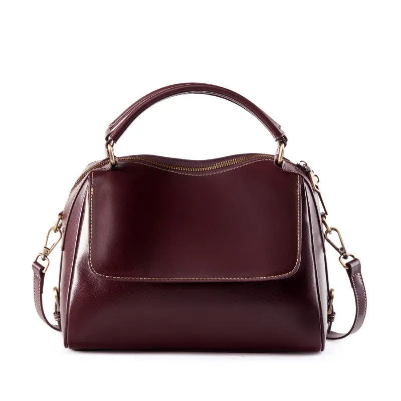Women's genuine leather crossbody tote bag in cross square shape with double shoulder straps