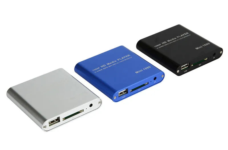 Blue and black 1080P Full HD media player with HDMI port, compact all-metal design.