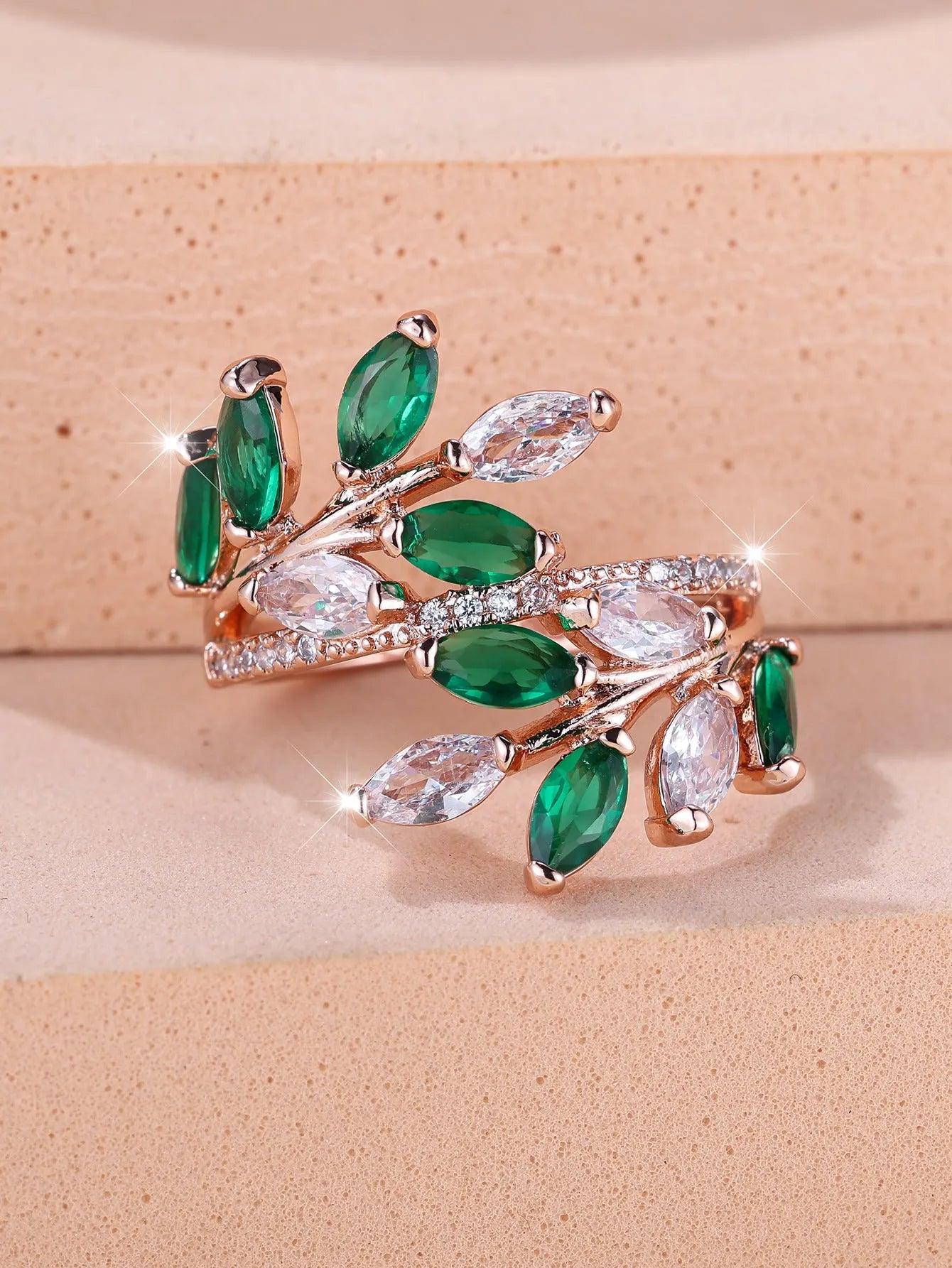 Adjustable horse eye zircon leaf fashion ring in copper with cubic zirconia stones