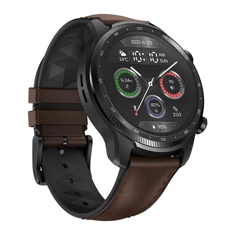 Ticwatch Pro X smart watch with circular display showing fitness metrics