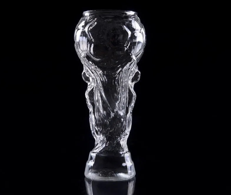 Transparent Hercules-themed glass beer cup with 450ml capacity, 6cm diameter, and 19cm height on a table