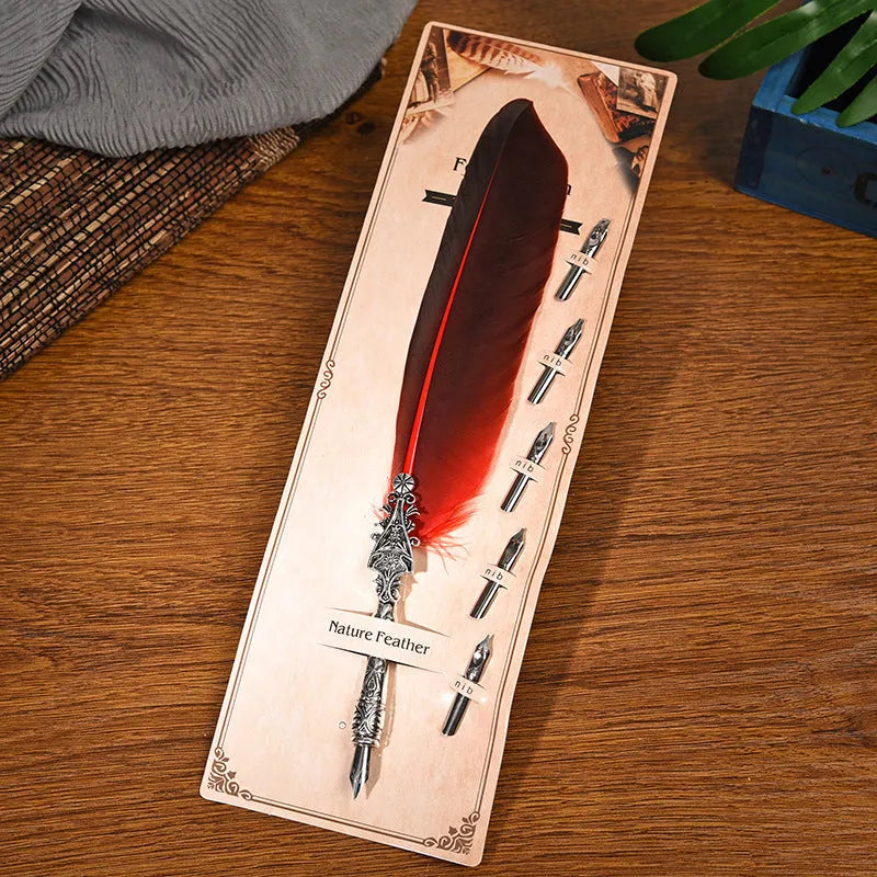 Vintage feather pen with zinc alloy shell in ten colour options showing retro design