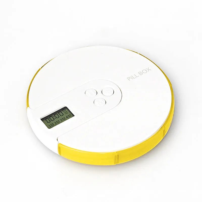 7-compartment alarm clock pill dispenser with programmable timer showing eight colour options