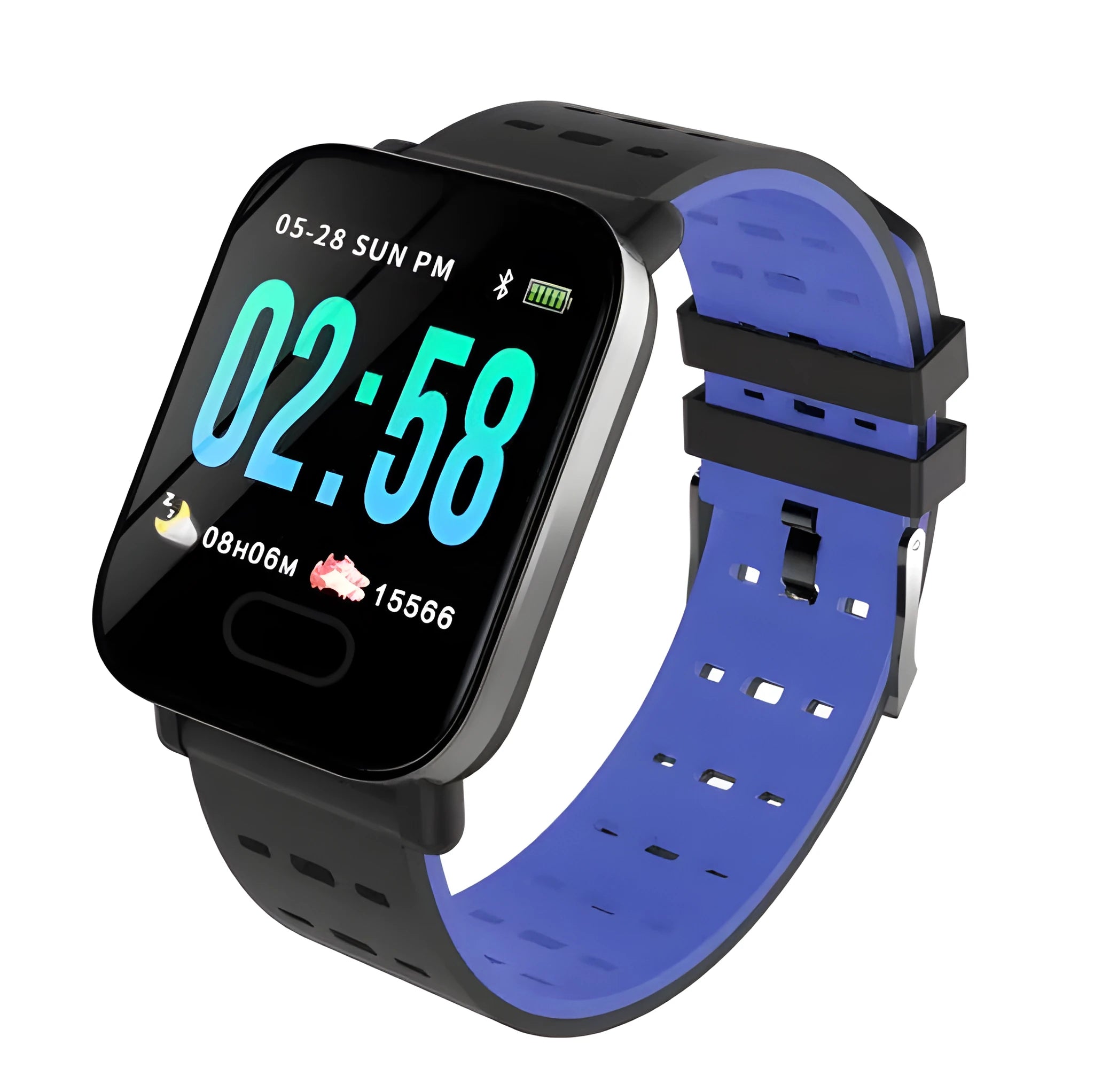 A6 smart bracelet with colour screen and zinc alloy body, shown with silicone strap in blue, black, or orange.