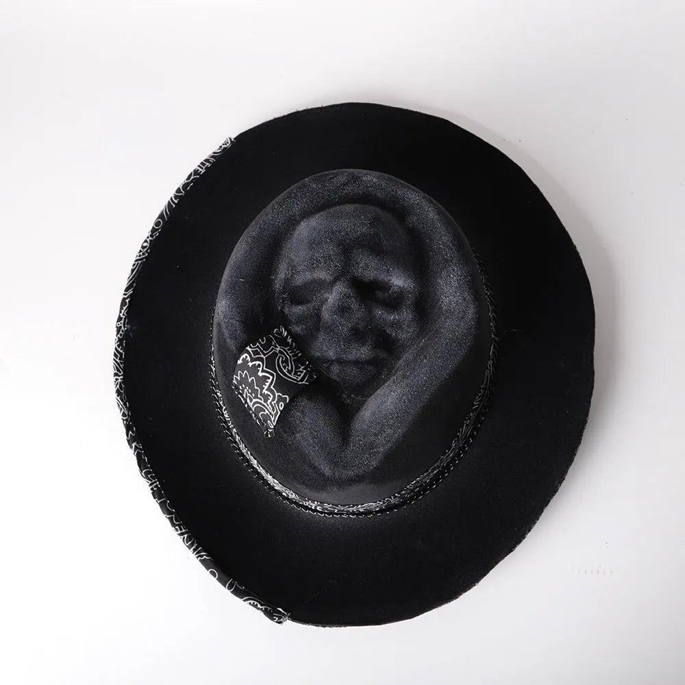 Handmade wool felt skull hat with conical crown design in skull colour for Halloween costume accessory