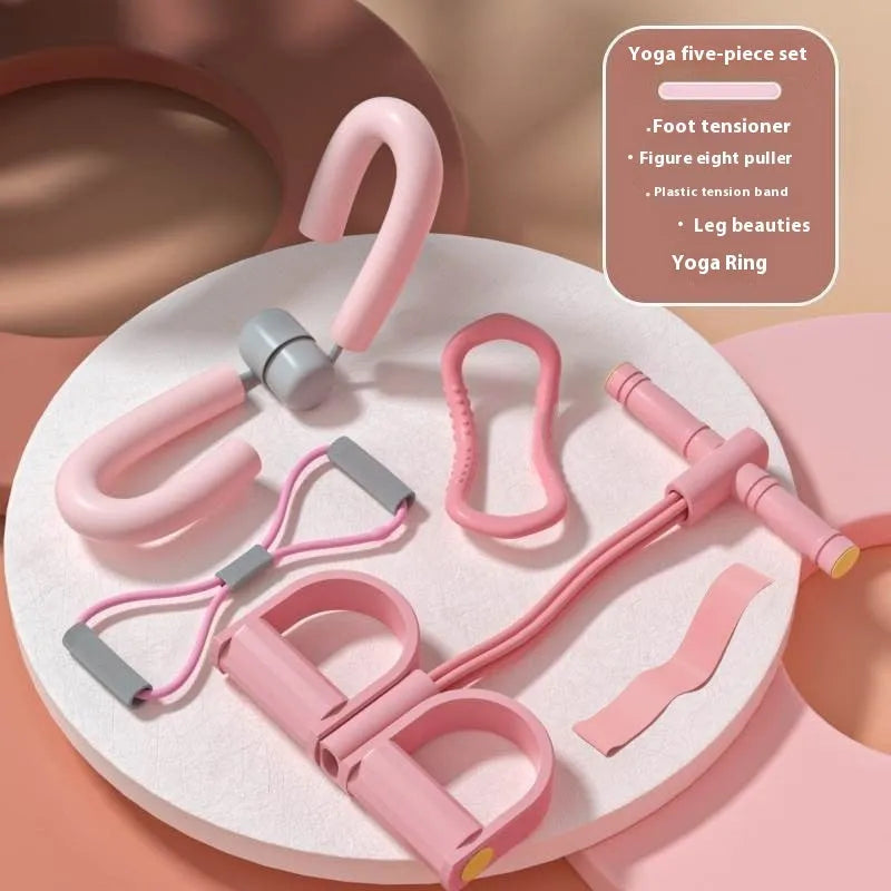 Yoga four piece set with leg stretching device, yoga ring, pedal tensioner and figure eight tension rope