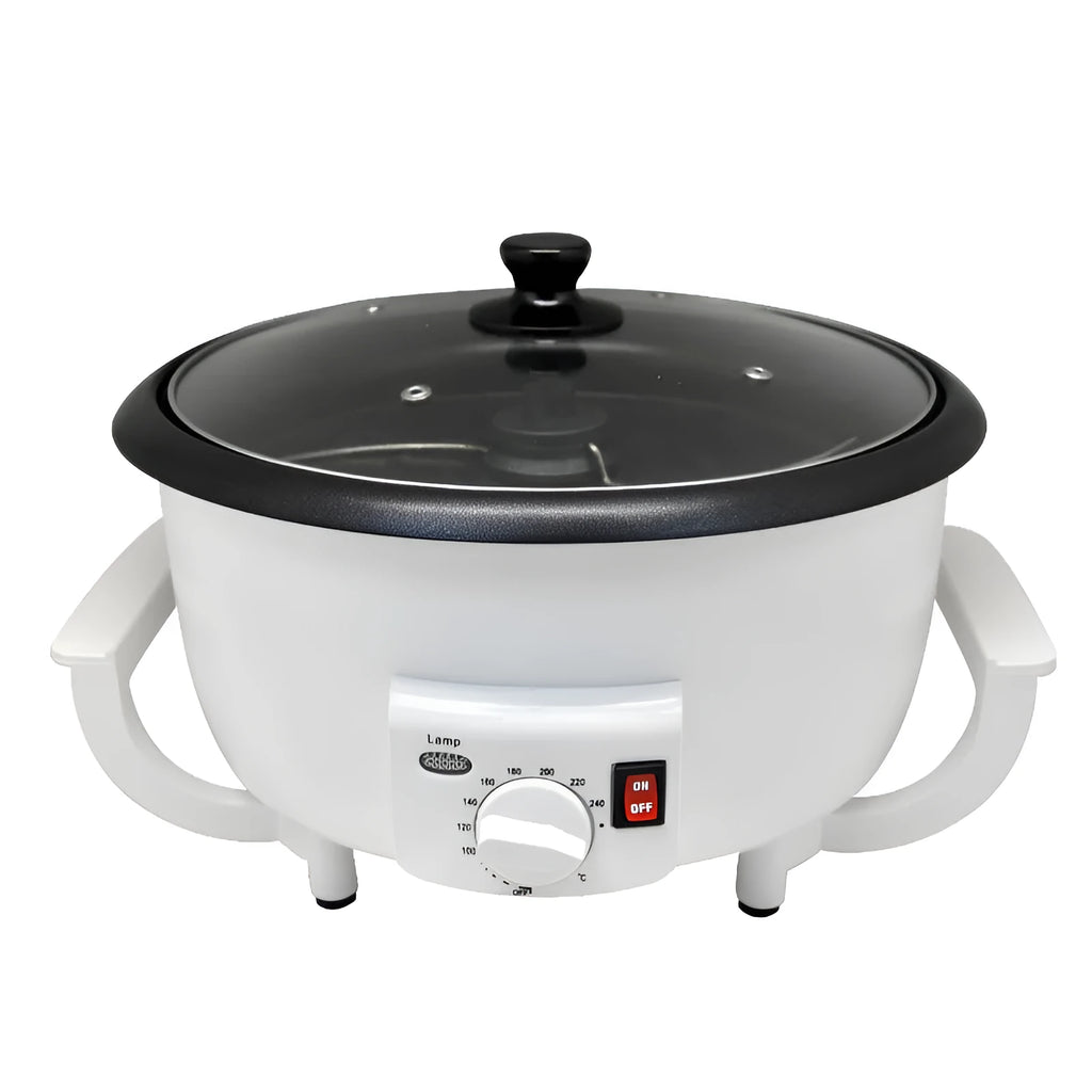 White oblate coffee bean roasting machine with 750g capacity and 225mm base diameter