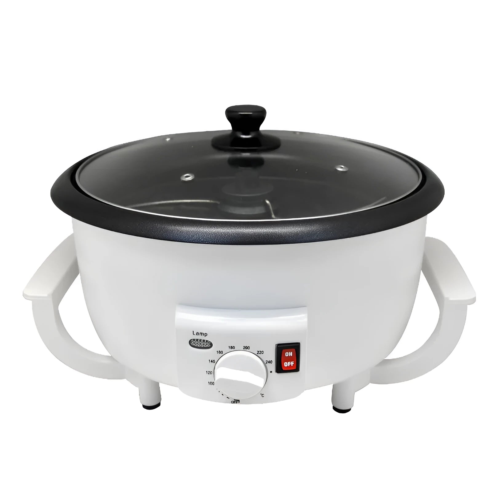 White oblate coffee bean roasting machine with 750g capacity and 225mm base diameter