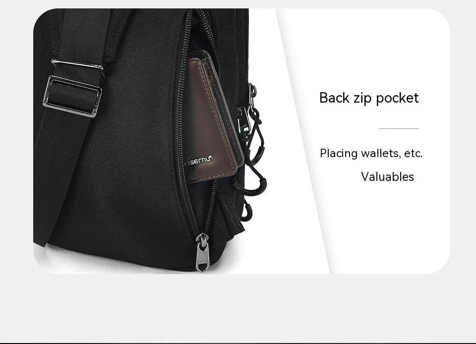 Black camouflage pattern chest pack with waterproof TPU material and square vertical shape for street style daily wear