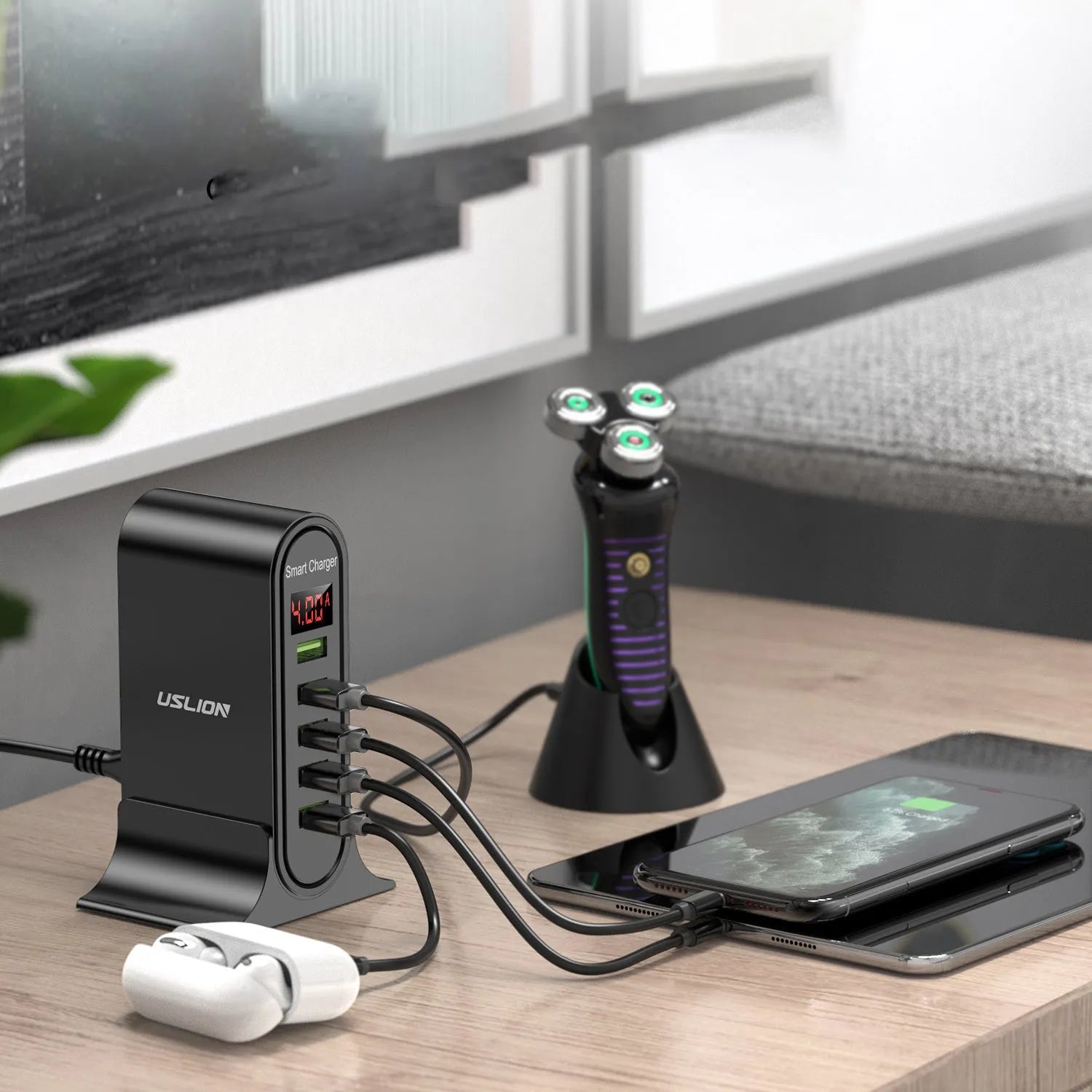Smart LED digital display charger unit showing USB port and indicator light