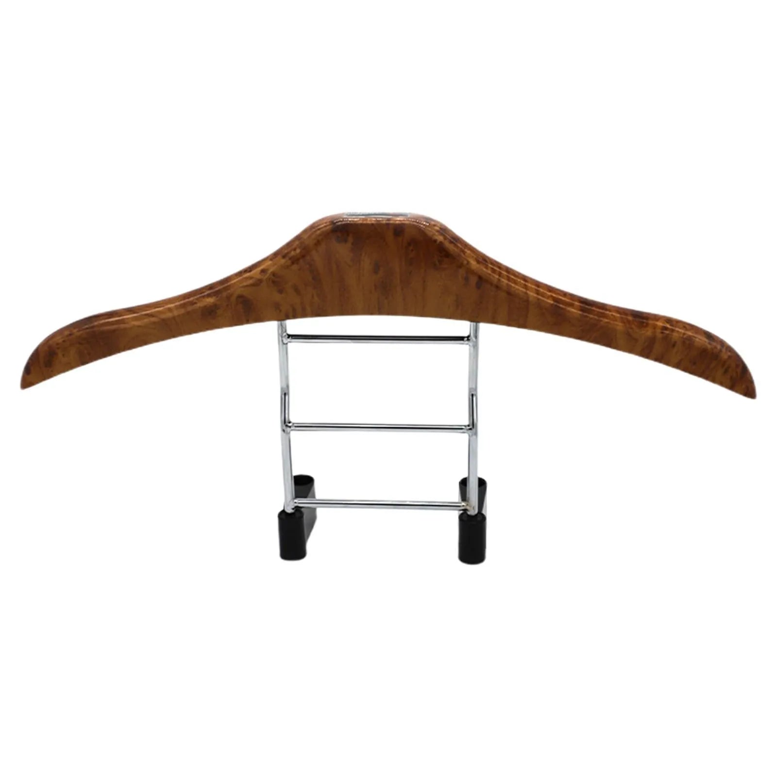 Wood yellow stainless steel car mounted clothes hanger for suits and coats on a chair back.