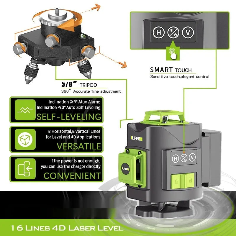 Green laser level projecting multiple lines with nylon and aluminium housing measuring 11x13.5x13.5cm