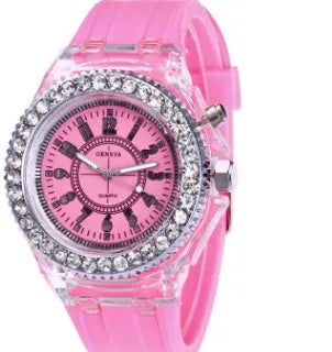 Women's LED luminous quartz watch with round dial and silicone strap in multiple colour options