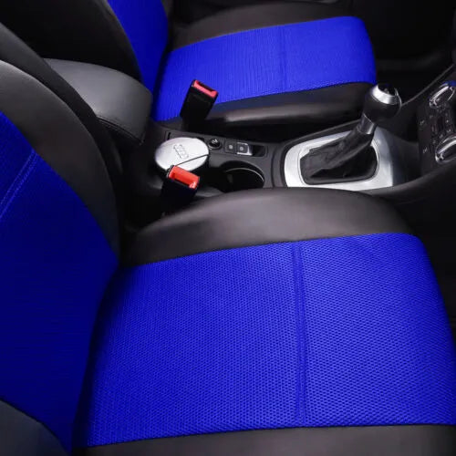 Artificial leather car seat cover set showing front seat, rear bench, and headrest pieces in black.