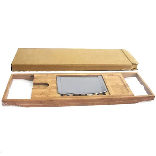 Natural bamboo bathtub frame with single shelf for bathroom storage on desktop surface