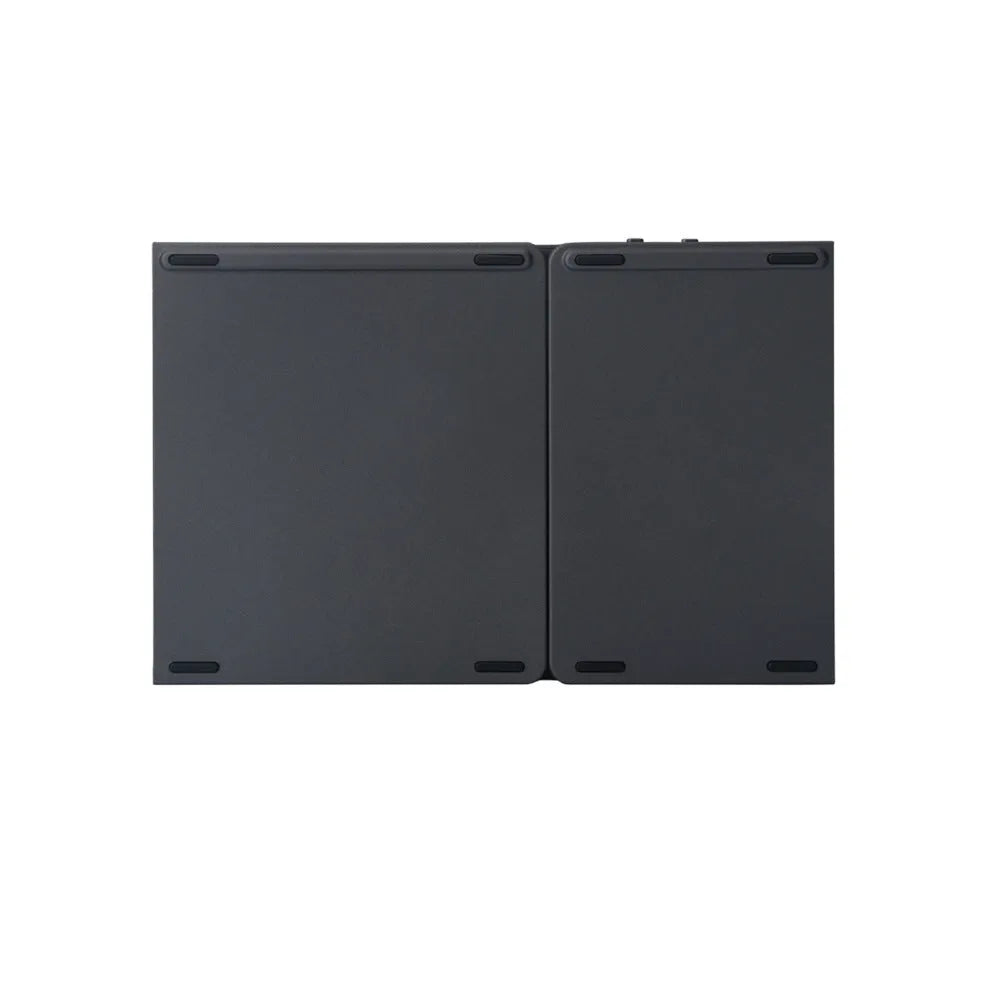 Ultra-thin tri-fold folding Bluetooth keyboard with touchpad in black, shown folded and open.