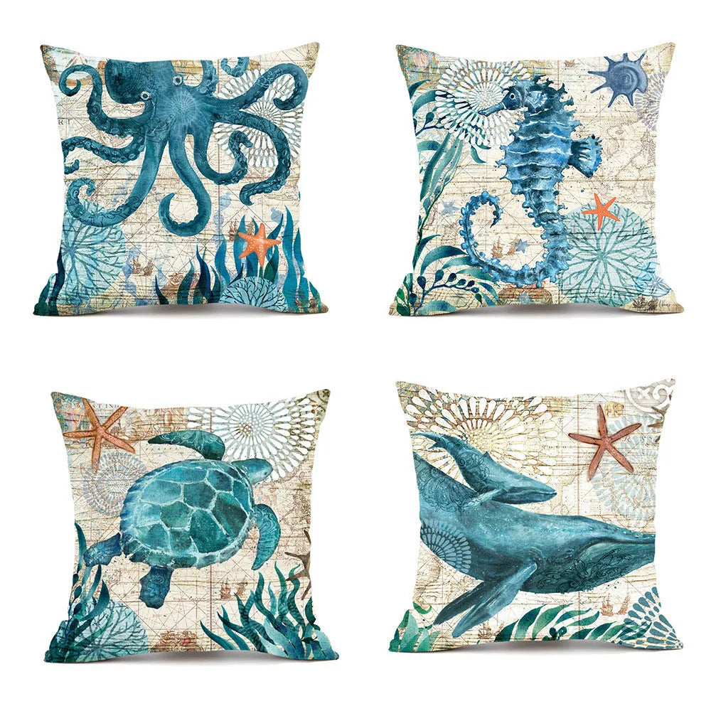 Sea turtle printed linen cushion cover 45x45cm with invisible zipper on sofa