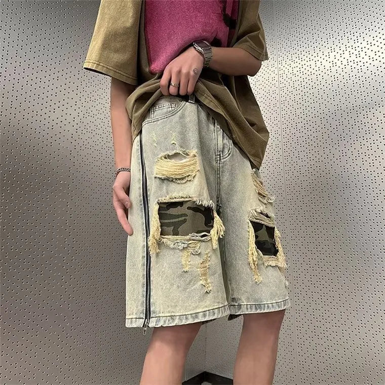 Men's summer ripped camouflage denim shorts in yellow mud cotton straight-leg fifth pants