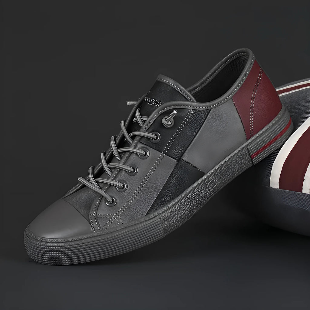 Men's colour-contrast microfiber leather pumps with rubber vulcanised sole, flat heel, round toe, shown in black and white colour option